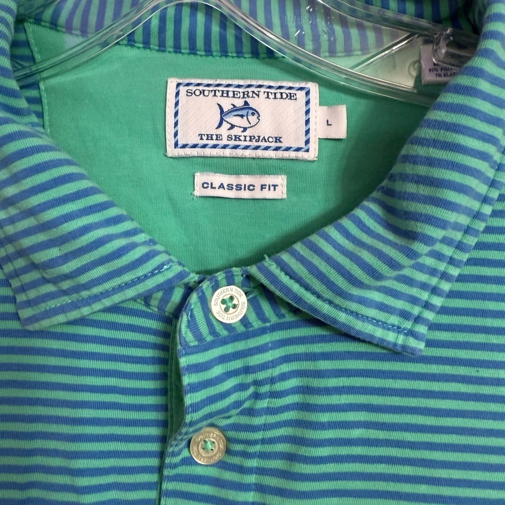 Southern Tide SkipJack Golf Polo Blue Green Stripe Short Sleeve Mens Shirt L - Picture 2 of 4